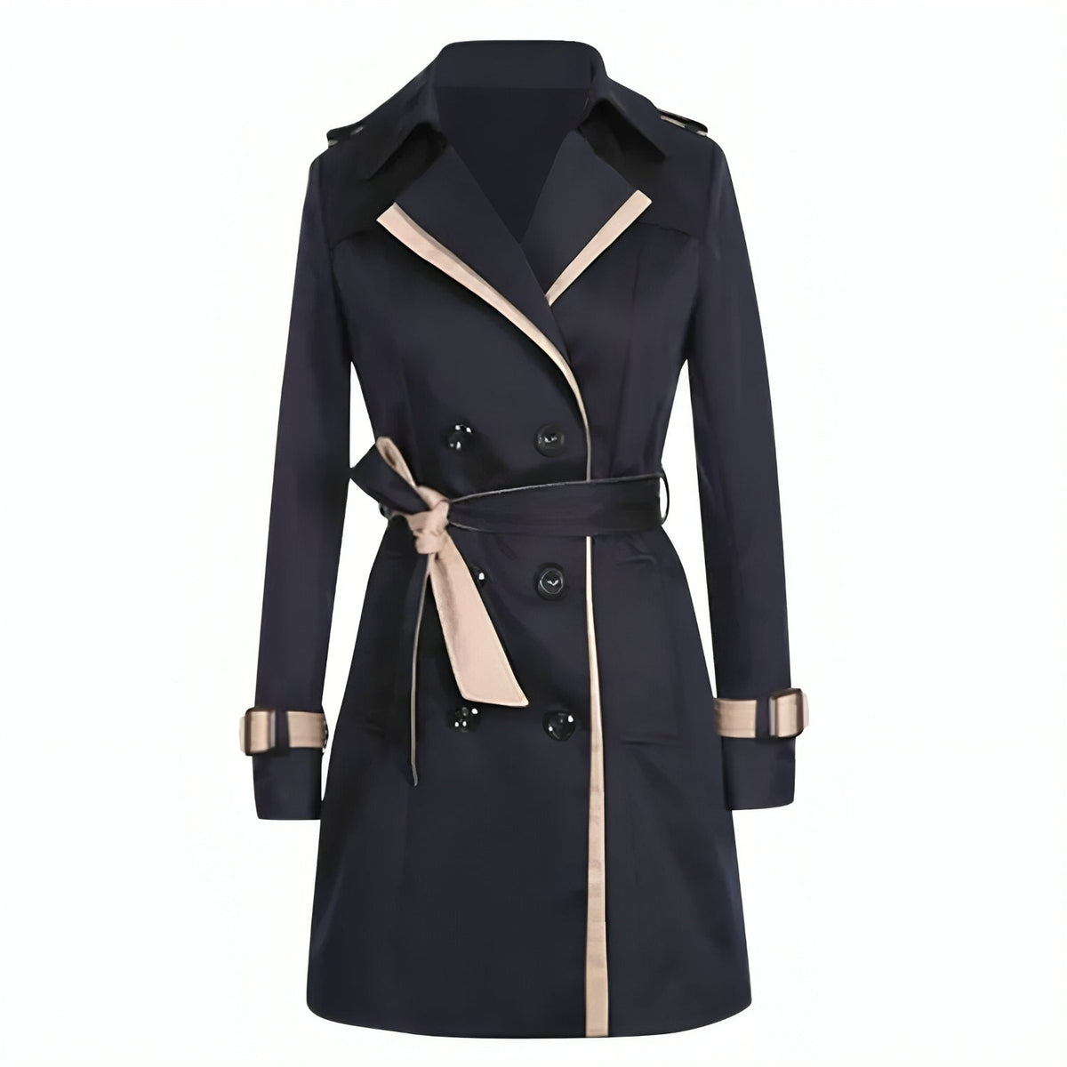 A black longline trench coat with a belted waist and double-breasted front, shown flat