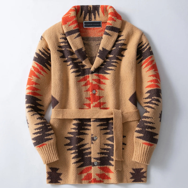 Dante Men’s Knit Cardigan – Mid-Length Jacquard Sweater with Belt