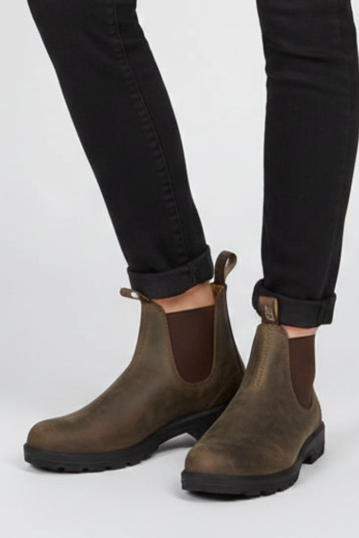 Rustic brown leather Chelsea boot for women with twin pull tabs, elastic side panel and deep lug sole