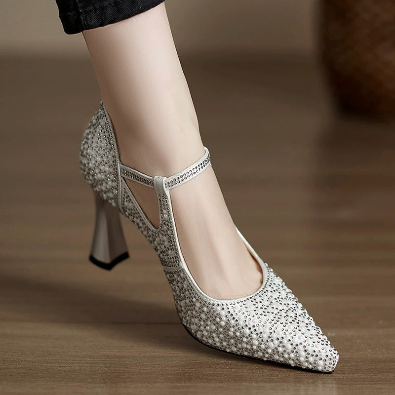Tracey Women’s Rhinestone Heels – Satin Pointed Toe