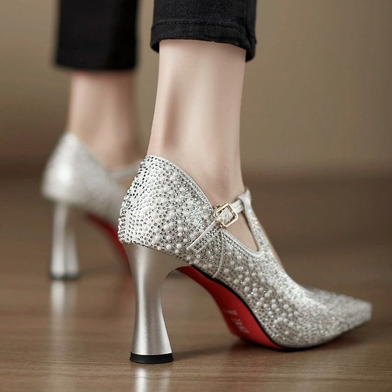Tracey Women’s Rhinestone Heels – Satin Pointed Toe