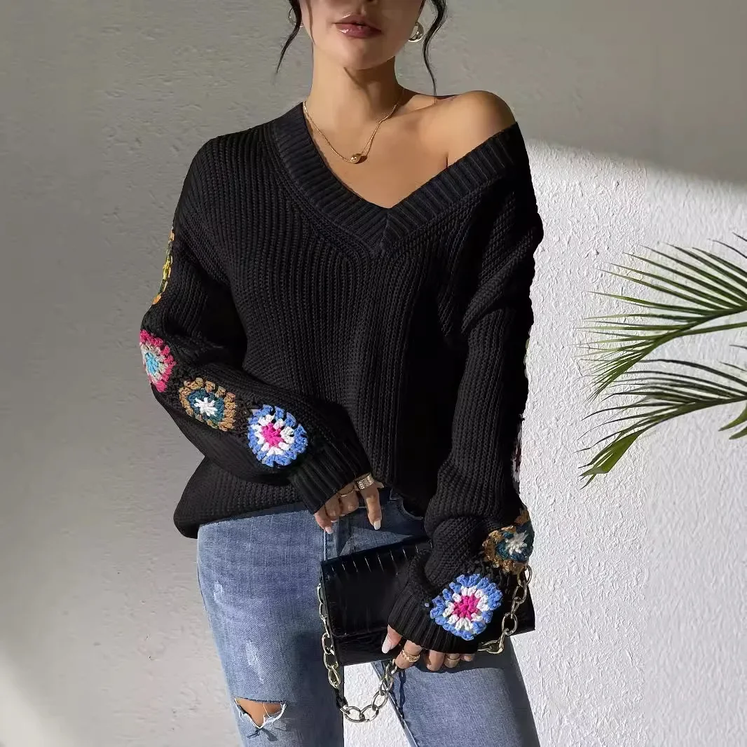 Solene Women’s Knit Pullover – Cotton Sweater with Crochet Patchwork Sleeves