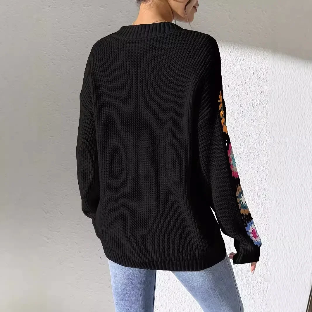 Solene Women’s Knit Pullover – Cotton Sweater with Crochet Patchwork Sleeves