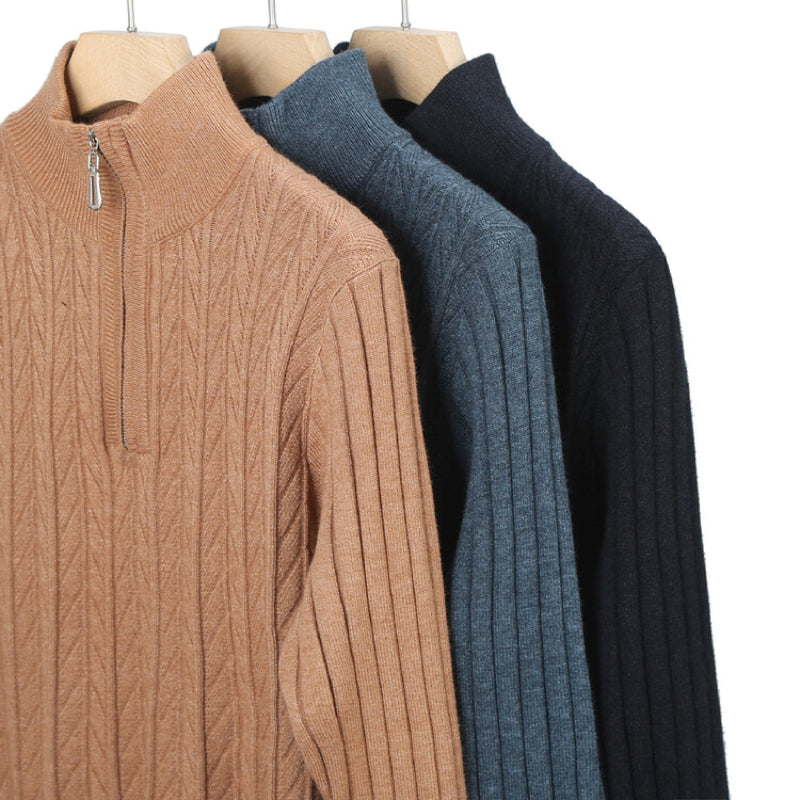 Canyon Men’s Quarter Zip Sweater – Wool Blend Knit with Ribbed Texture