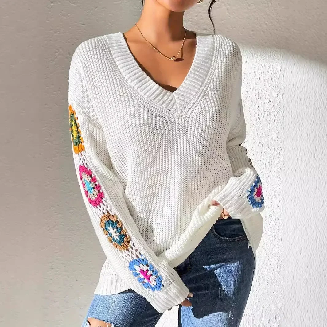 Solene Women’s Knit Pullover – Cotton Sweater with Crochet Patchwork Sleeves