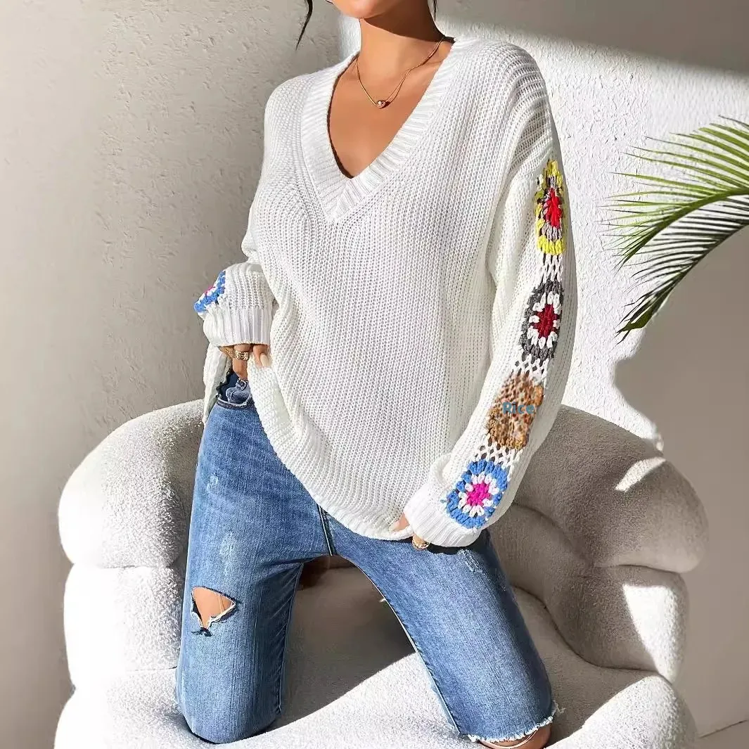 Solene Women’s Knit Pullover – Cotton Sweater with Crochet Patchwork Sleeves