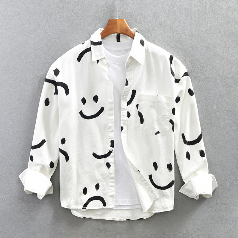 Soriano Men’s Long Sleeve Shirt – Soft Cotton Tee with Abstract Smiley Print