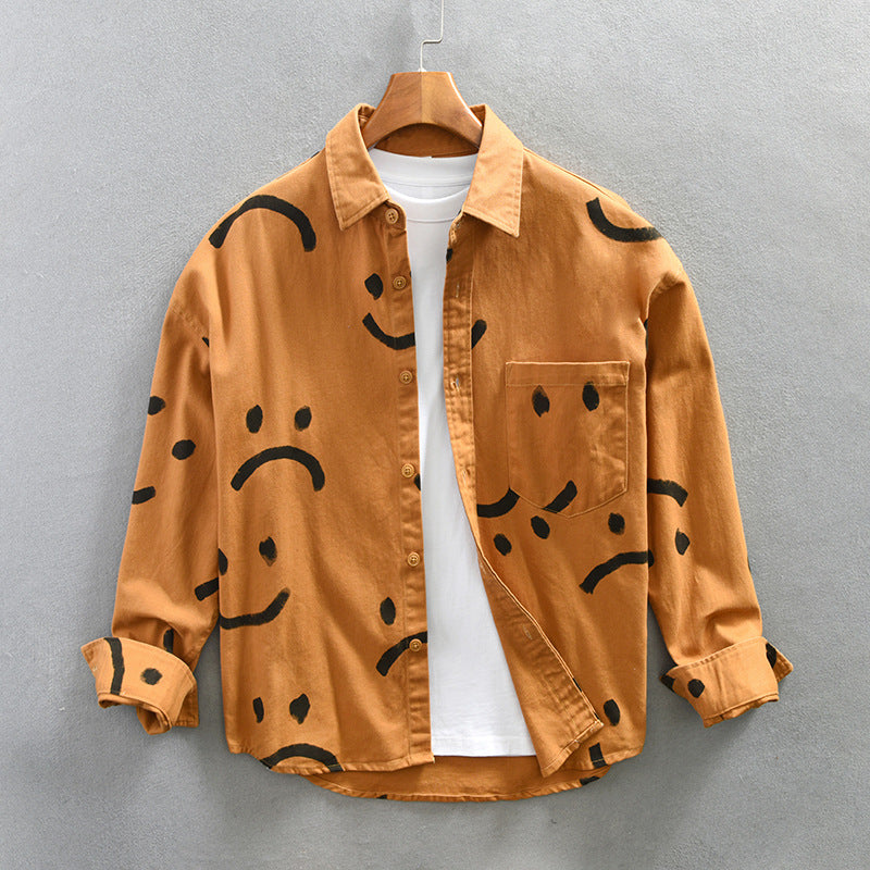 Soriano Men’s Long Sleeve Shirt – Soft Cotton Tee with Abstract Smiley Print