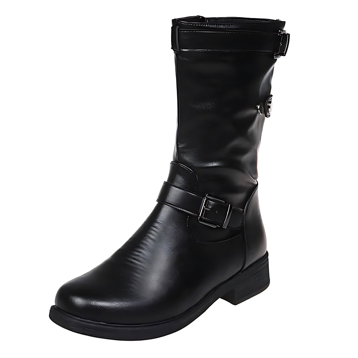 Black knee-high boot with buckle detail and a low block heel.