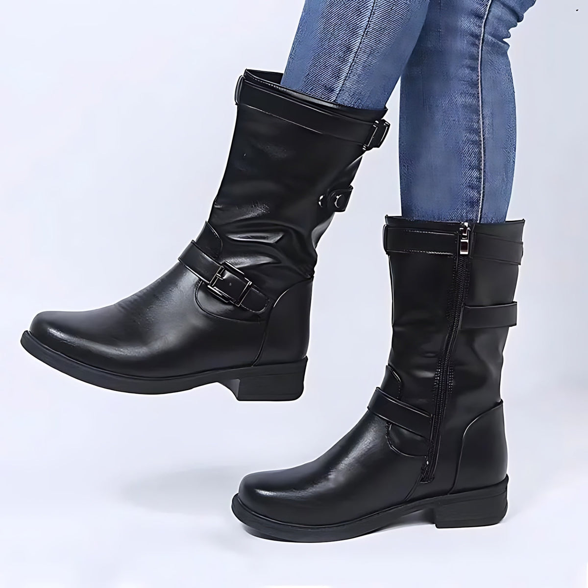 Black knee-high riding boots with buckle straps and low block heels worn with blue jeans.