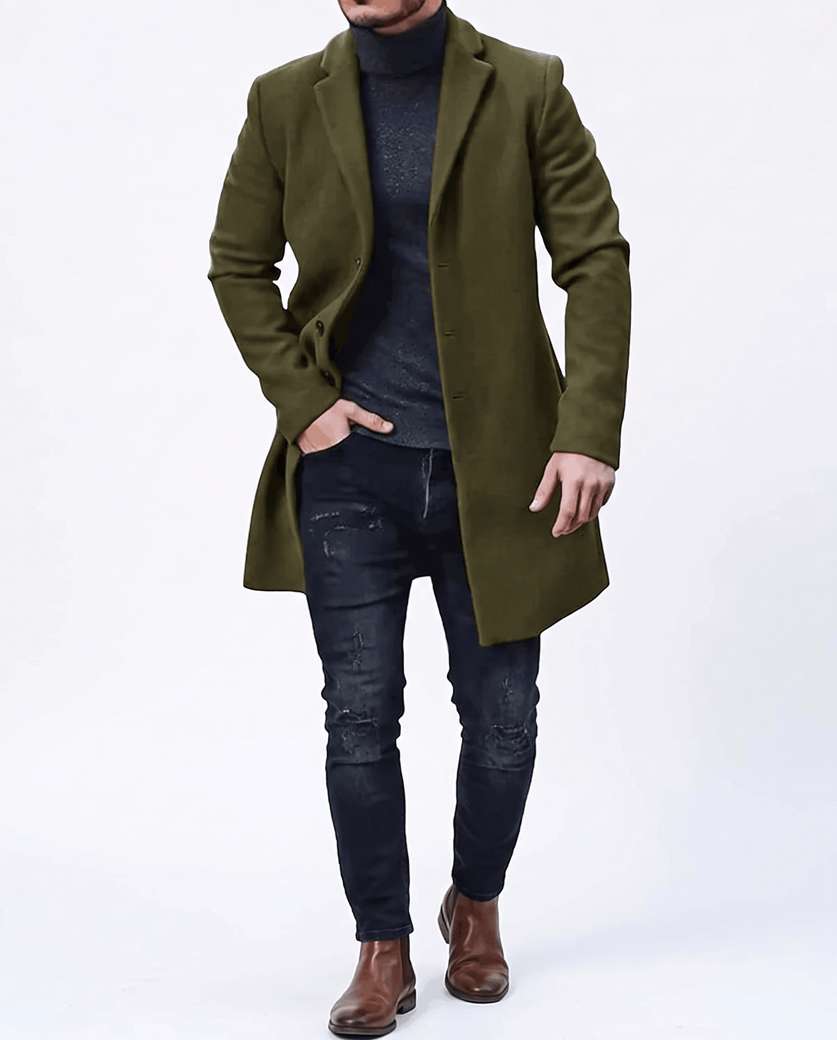 A man wearing an olive green mid-length wool coat with a single-breasted front and tailored fit