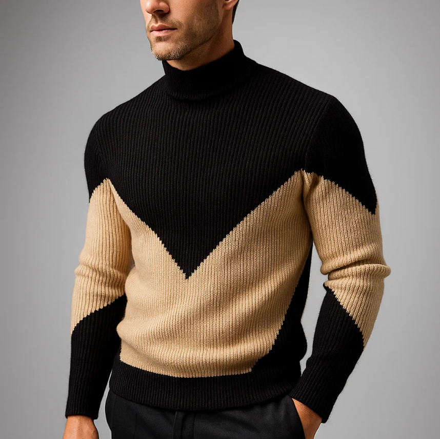 Marriott Men's Chevron Turtleneck Sweater – Thick Ribbed Knit Jumper