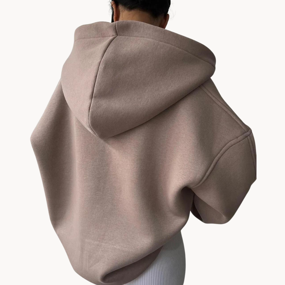 Rose Pink oversized fleece hoodie for women shown from the back, featuring a drop shoulder and hood