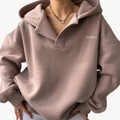 Rose Pink oversized fleece hoodie for women with a drop shoulder, collared neckline, kangaroo pocket, and relaxed fit
