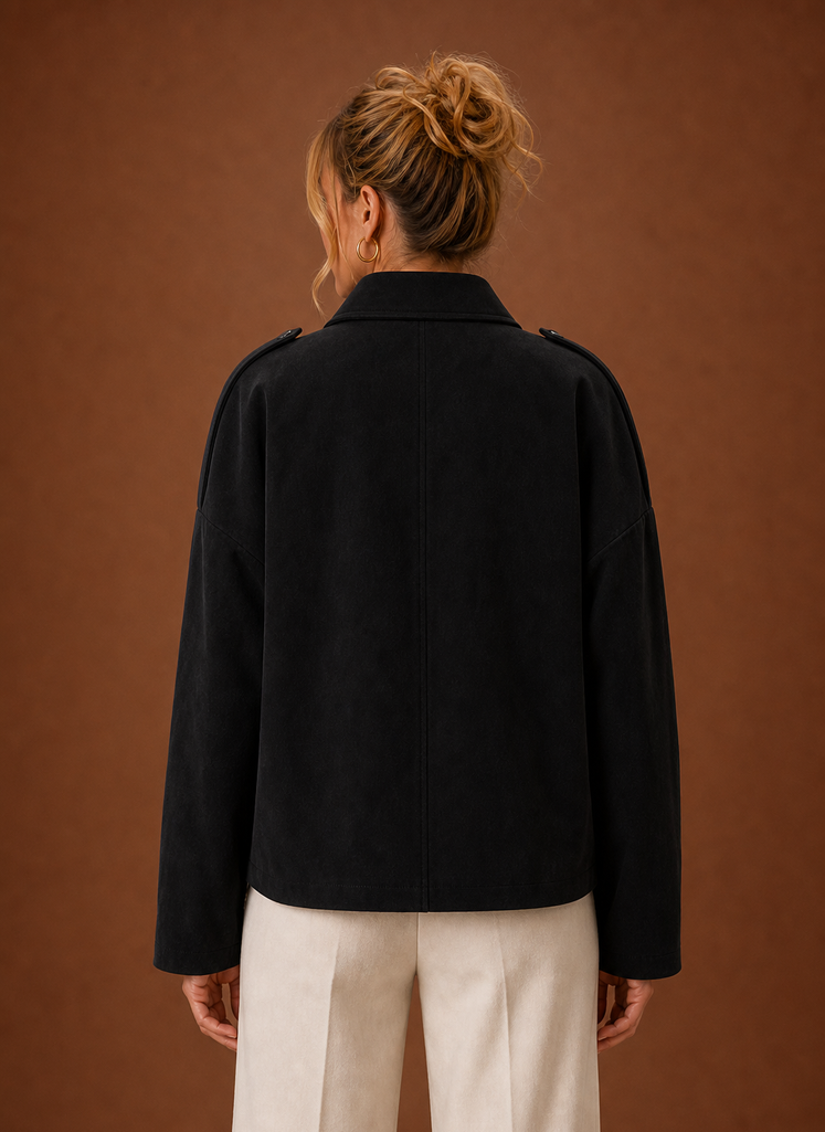 A woman wearing a black oversized suede jacket with a boxy fit and long sleeves, back view