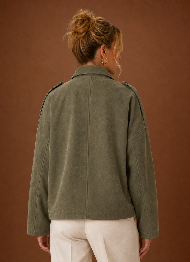 A woman wearing an olive green oversized suede jacket with a boxy fit and long sleeves, back view