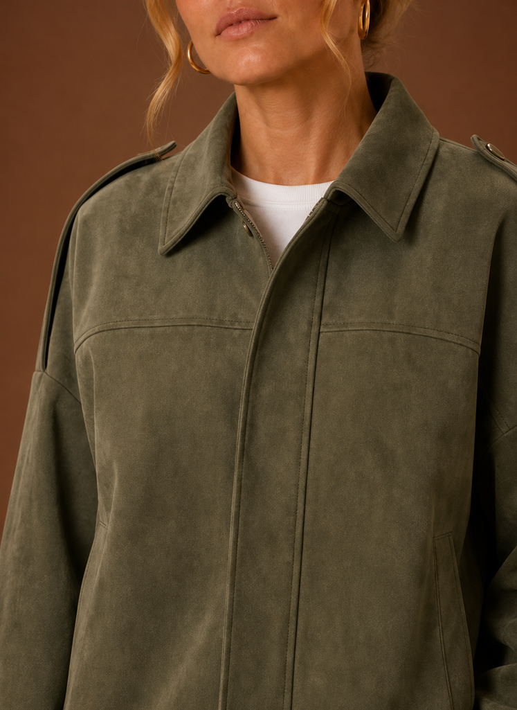 Close-up of a woman wearing an olive green oversized suede jacket, showing the collar and soft suede texture