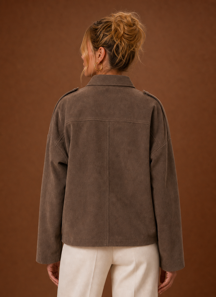 A woman wearing a brown oversized suede jacket with a boxy fit and long sleeves, back view