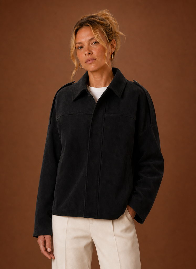 A woman wearing a black oversized suede jacket with a boxy fit and long sleeves