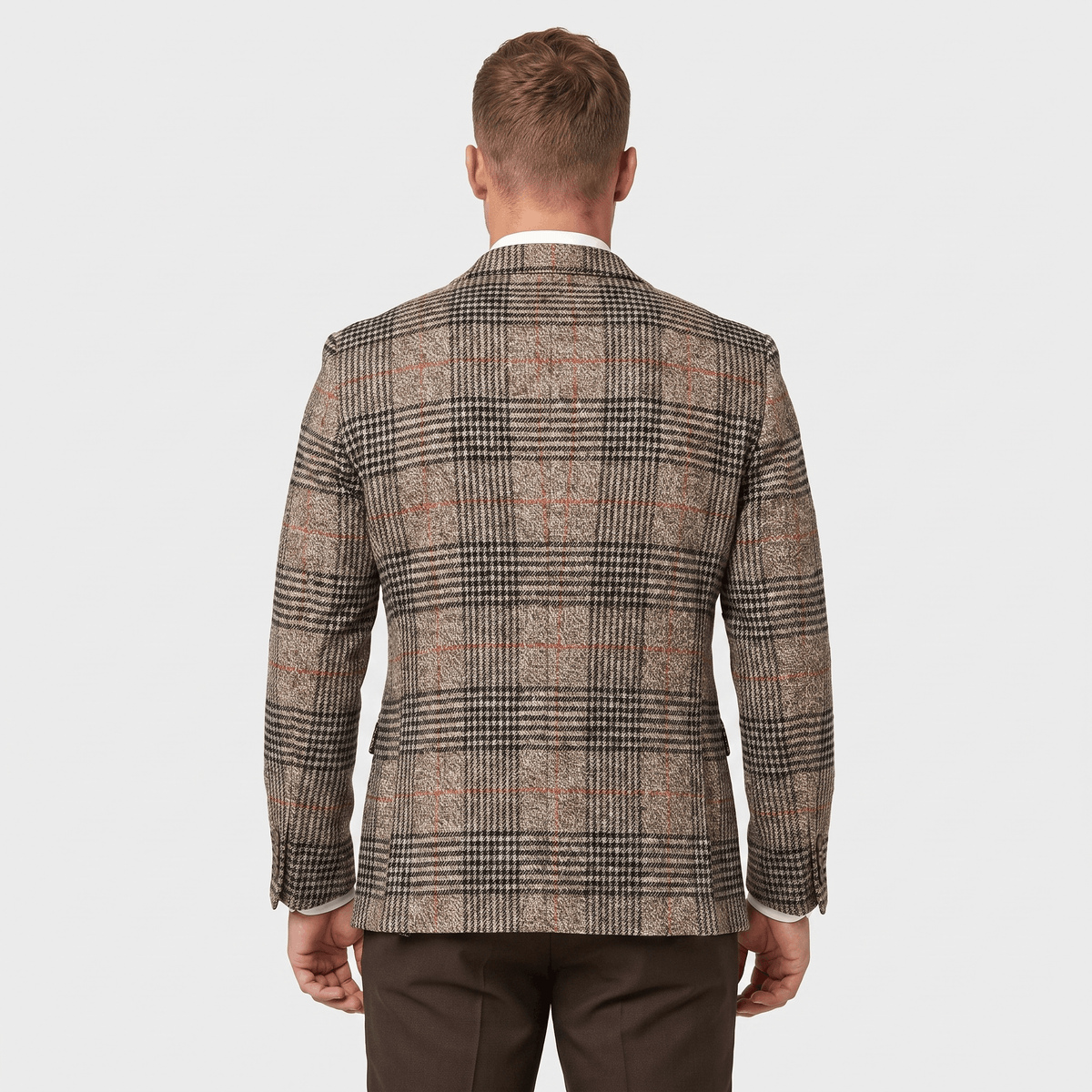 Back view of a men's brown plaid tweed blazer featuring a classic tailored fit and textured plaid pattern.