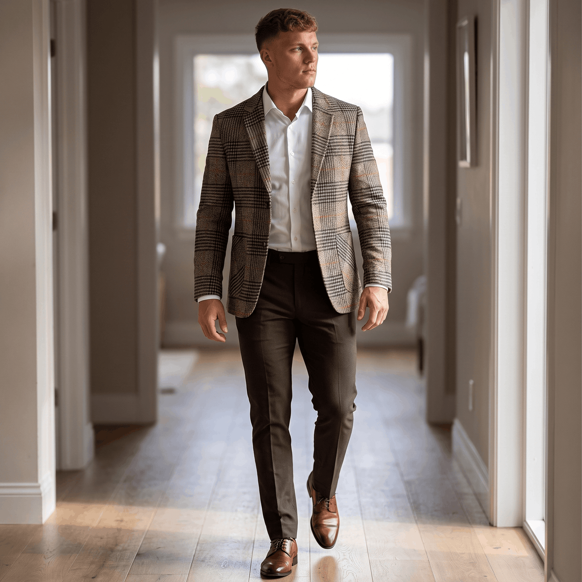 Man wearing a brown plaid tweed blazer over a white dress shirt and dark trousers while walking through a bright indoor hallway.