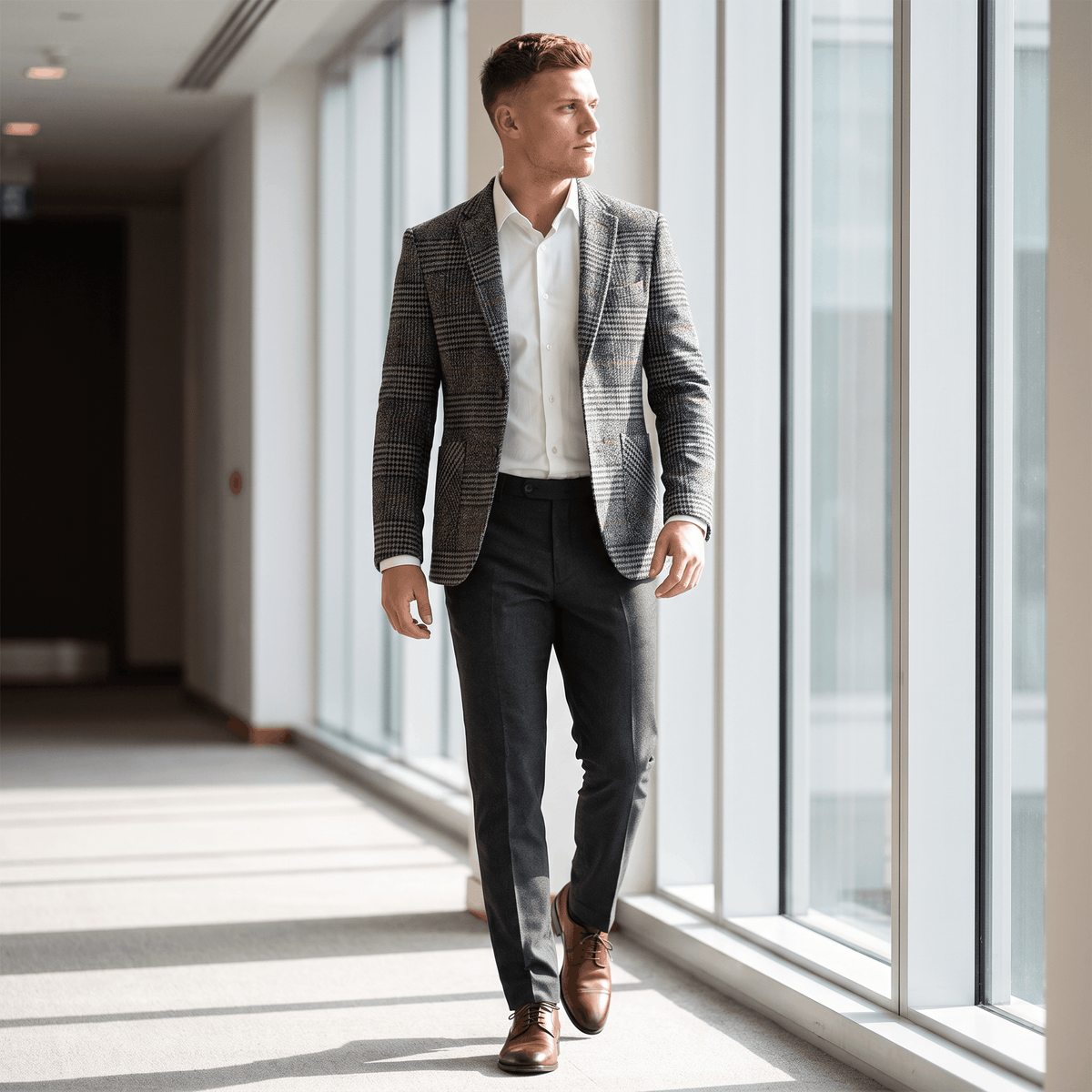 Man wearing a brown plaid tweed blazer, white dress shirt, and dark trousers while walking through a modern interior.