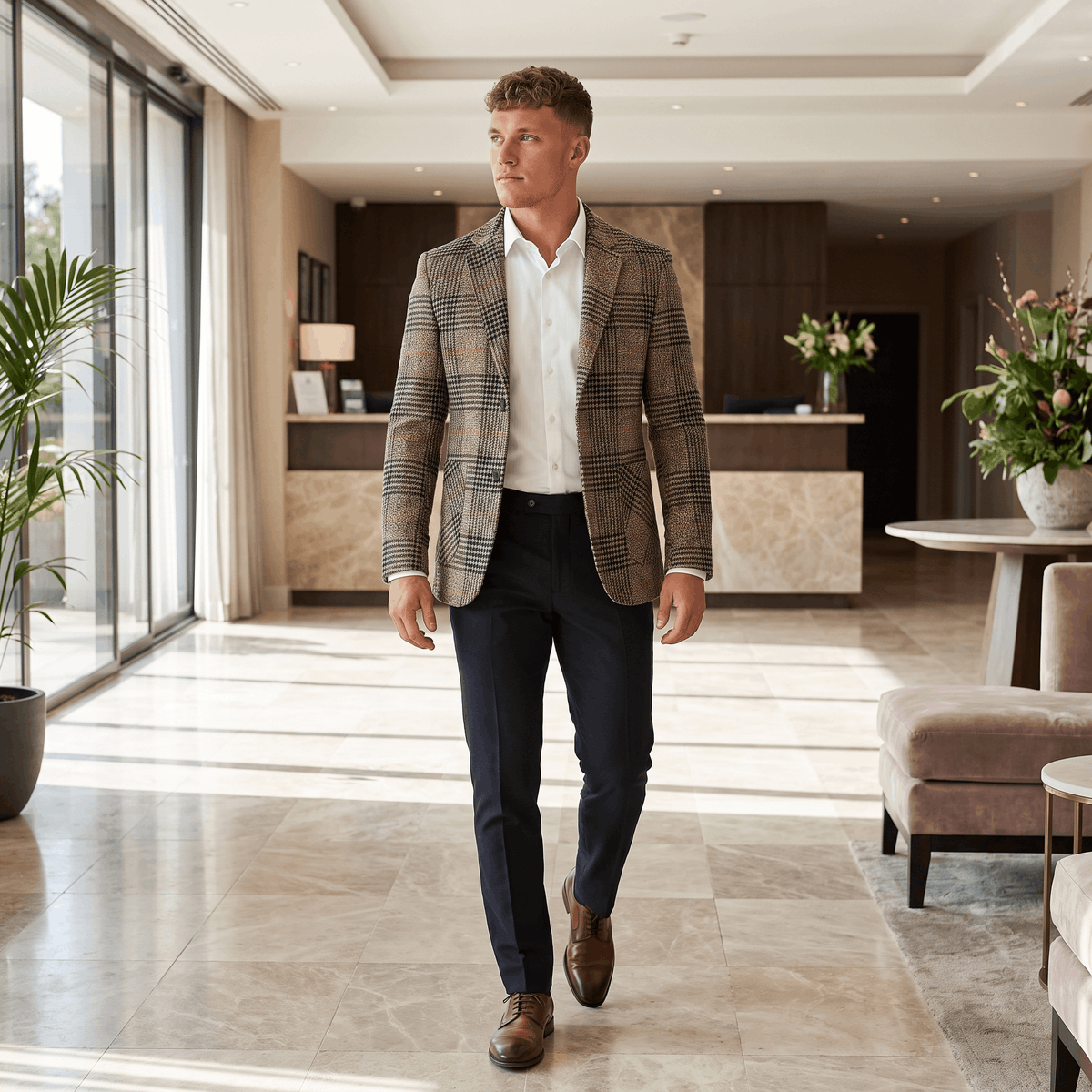 Man wearing a brown plaid tweed blazer over a white dress shirt and dark trousers in a bright modern hallway.