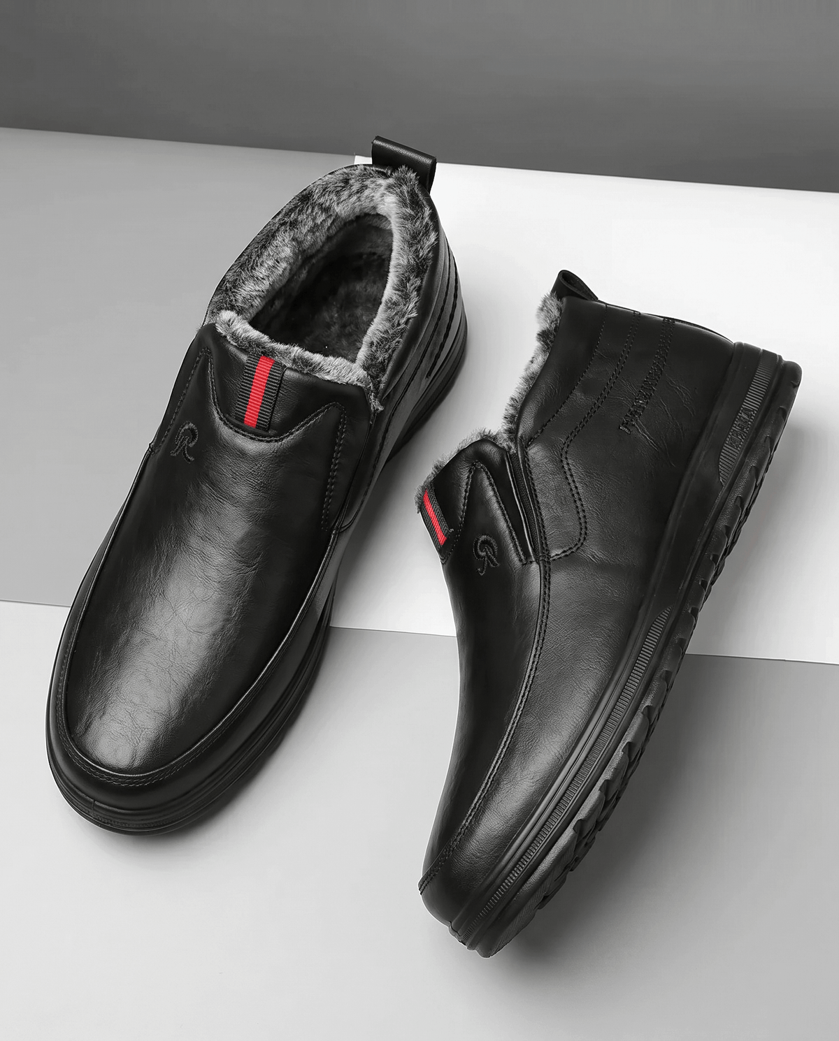 Black plush-lined slip-on winter boots shown from multiple angles