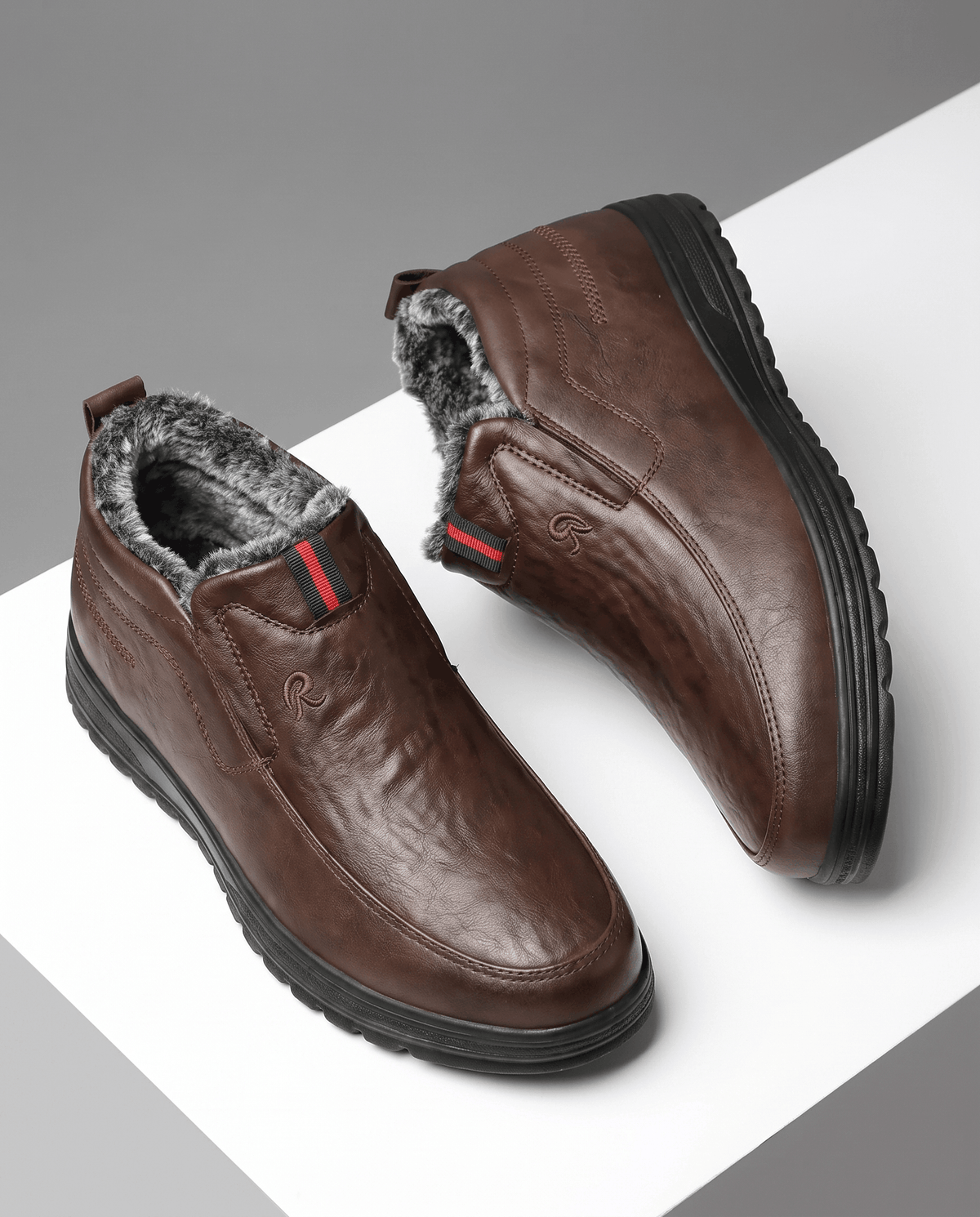 Brown plush-lined slip-on winter boots shown from multiple angles