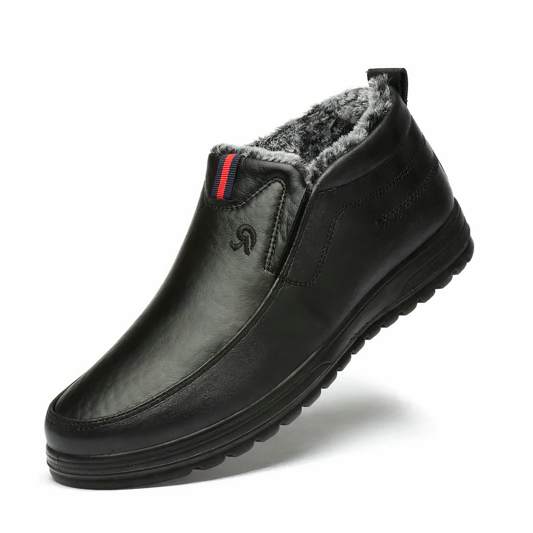 Black plush-lined slip-on winter boot with lightweight construction and non-slip sole