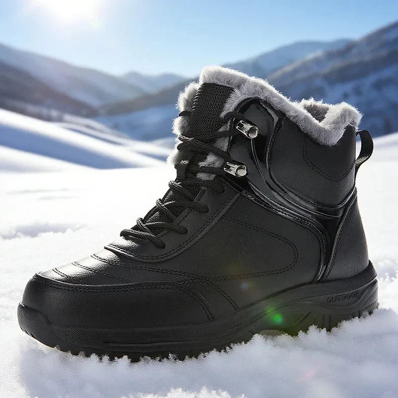 Black plush-lined winter boot with a water-repellent upper and rugged non-slip sole, shown outdoors