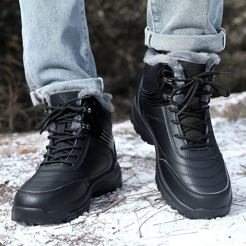 A person wearing black plush-lined winter boots with water-repellent uppers and non-slip soles
