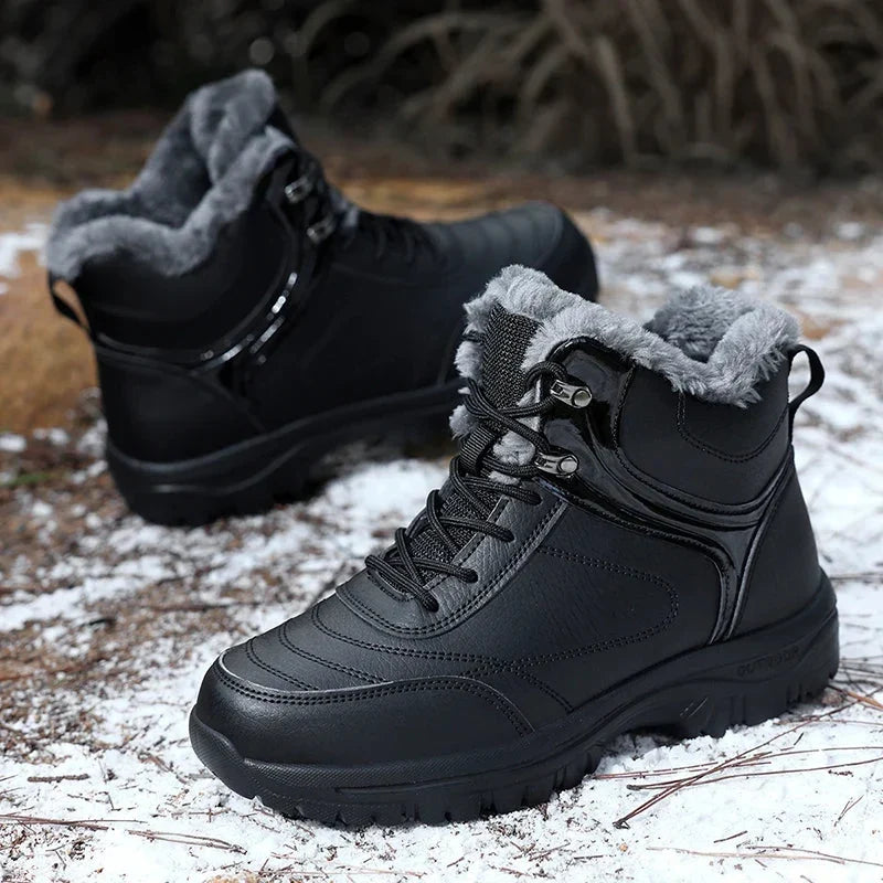 Pair of black plush-lined winter boots with water-repellent uppers and non-slip soles, shown outdoors