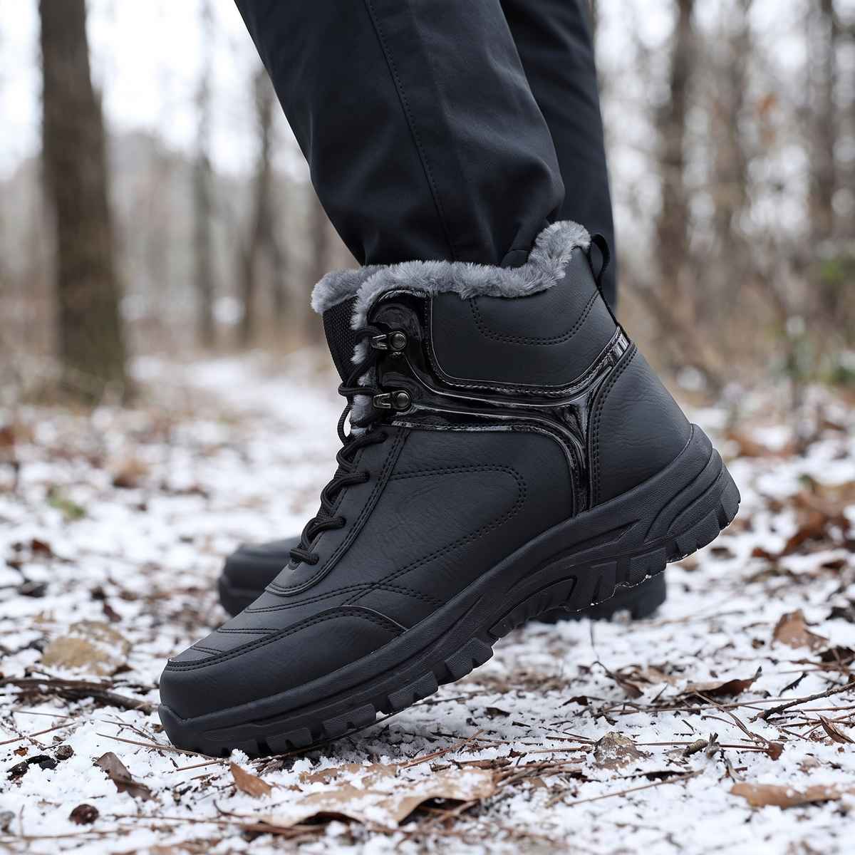 A person wearing black plush-lined winter boots with a water-repellent upper and non-slip sole, standing outdoors