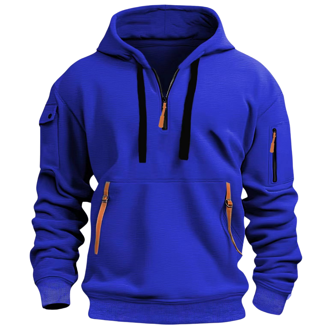 Blue quarter-zip hoodie for men with an arm pocket, drawstring hood, kangaroo pocket, and relaxed fit