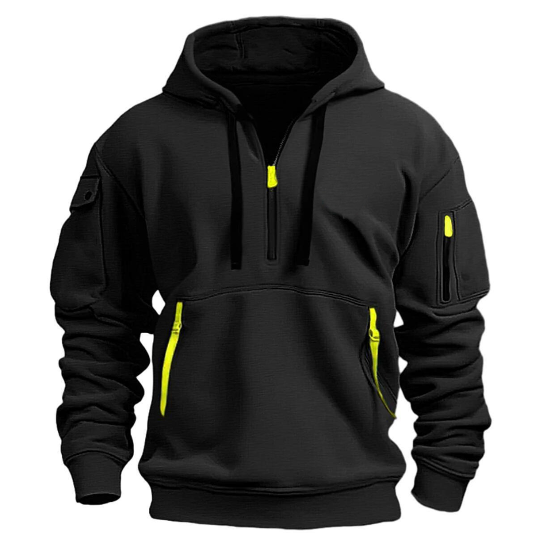Black quarter-zip hoodie for men with an arm pocket, drawstring hood, kangaroo pocket, and relaxed fit