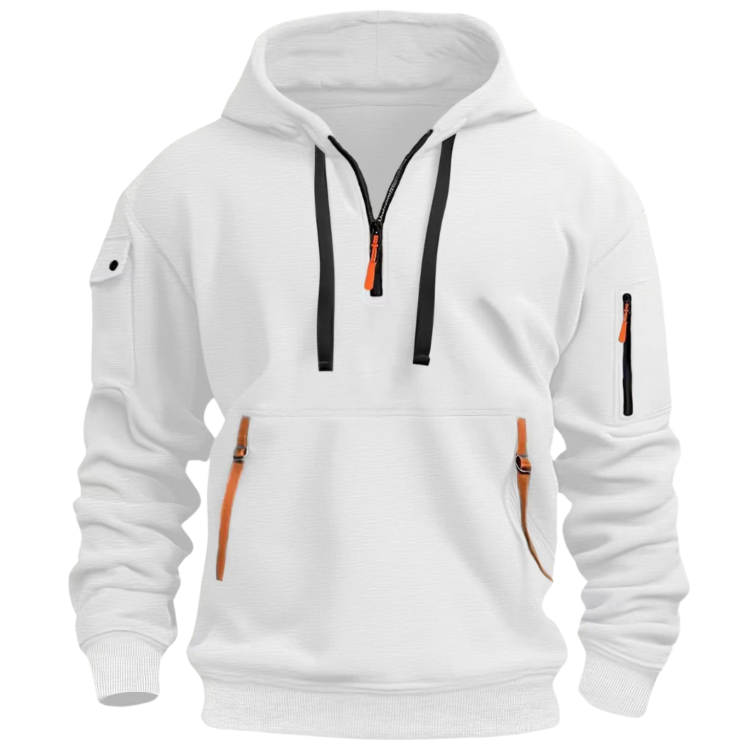 White quarter-zip hoodie for men with an arm pocket, drawstring hood, kangaroo pocket, and relaxed fit