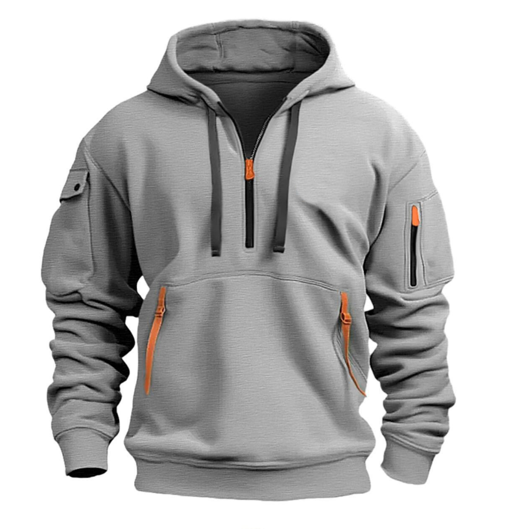 Light Gray quarter-zip hoodie for men with an arm pocket, drawstring hood, kangaroo pocket, and relaxed fit