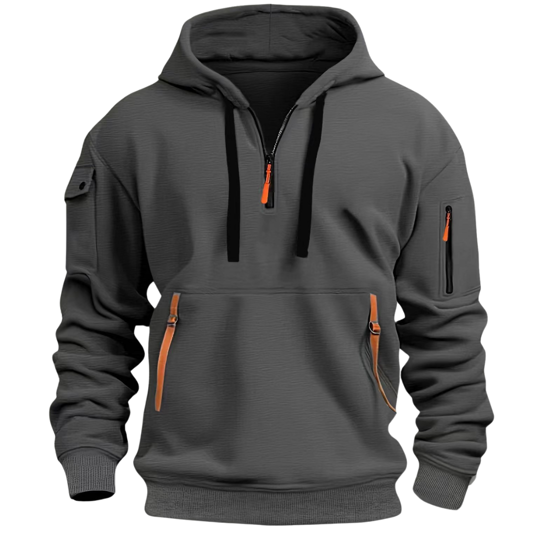 Dark Gray quarter-zip hoodie for men with an arm pocket, drawstring hood, kangaroo pocket, and relaxed fit