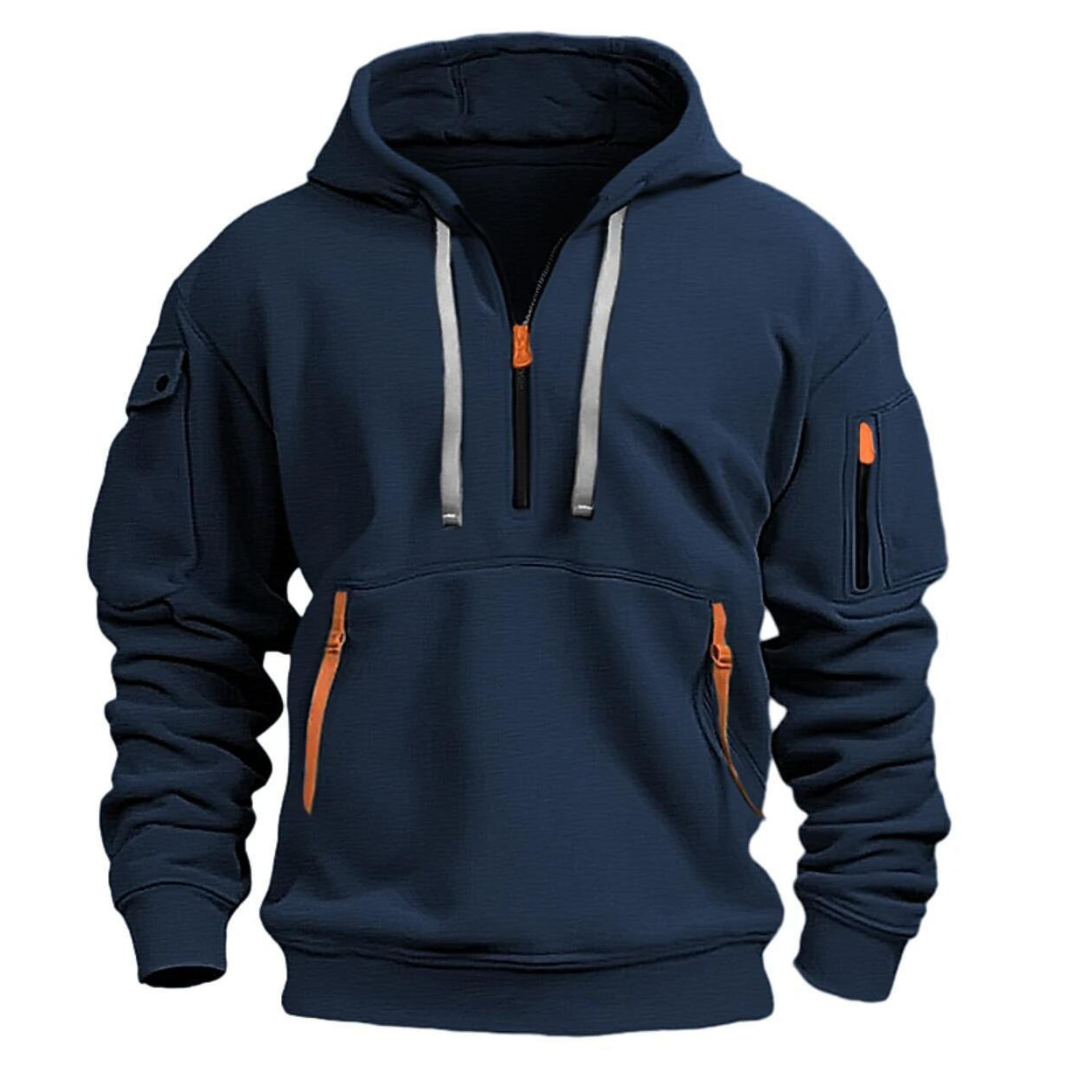 Navy Blue quarter-zip hoodie for men with an arm pocket, drawstring hood, kangaroo pocket, and relaxed fit