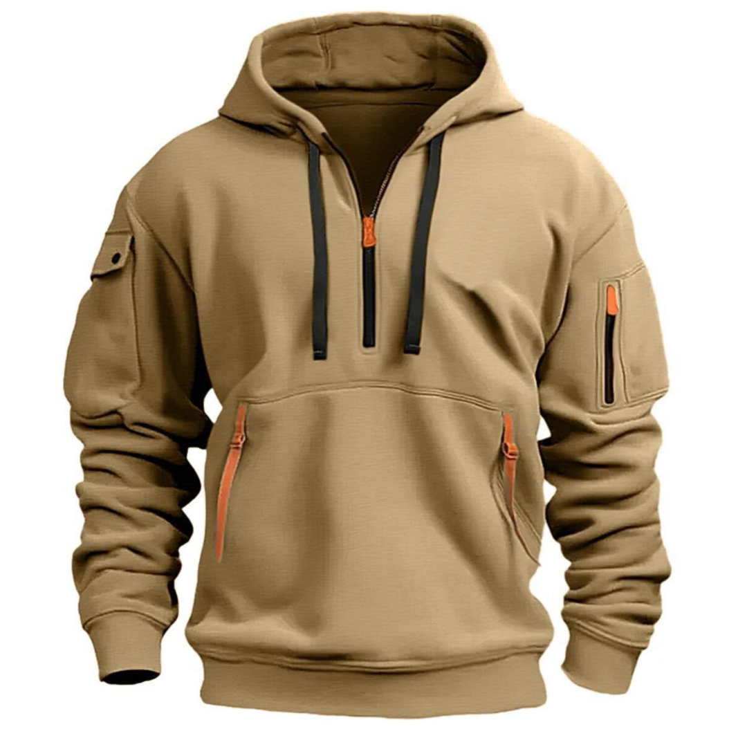 Khaki quarter-zip hoodie for men with an arm pocket, drawstring hood, kangaroo pocket, and relaxed fit