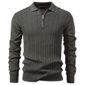 Olive Green cable knit quarter-zip polo sweater with long sleeves, ribbed cuffs, and ribbed hem