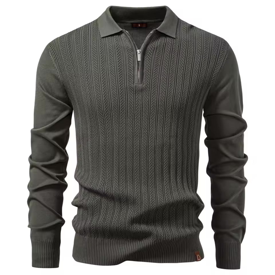 Olive Green cable knit quarter-zip polo sweater with long sleeves, ribbed cuffs, and ribbed hem