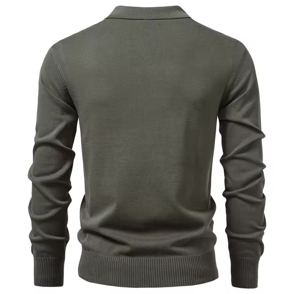 Dark Olive cable knit quarter-zip sweater shown from the back with textured knit pattern and ribbed hem