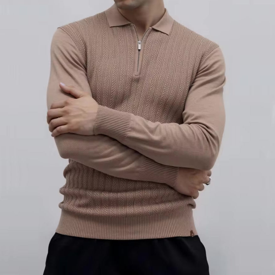Taupe cable knit quarter-zip polo sweater with long sleeves, ribbed cuffs, and ribbed hem