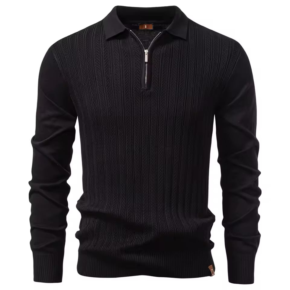 Black cable knit quarter-zip polo sweater worn by a male model