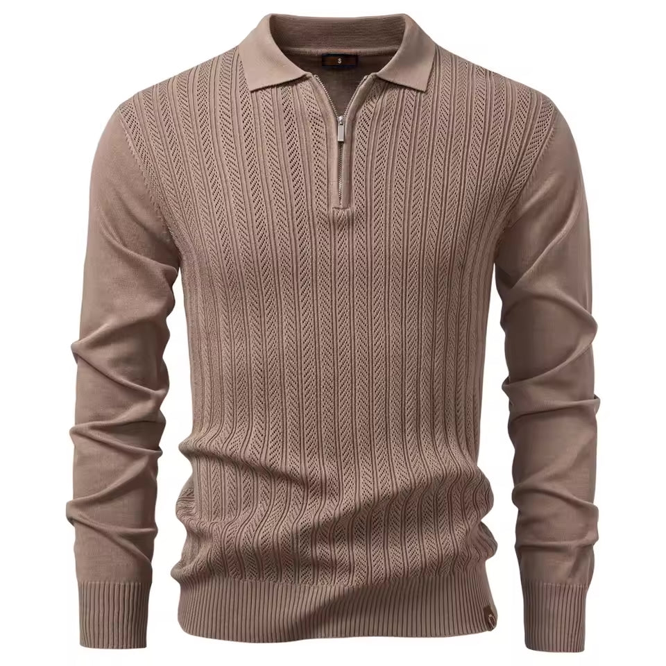 Taupe cable knit quarter-zip polo sweater worn by a male model with arms crossed