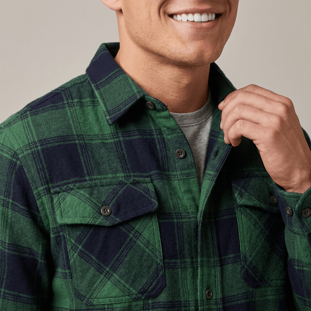 Close-up of a man wearing a green and black plaid overshirt jacket with a button-front closure and chest pockets.