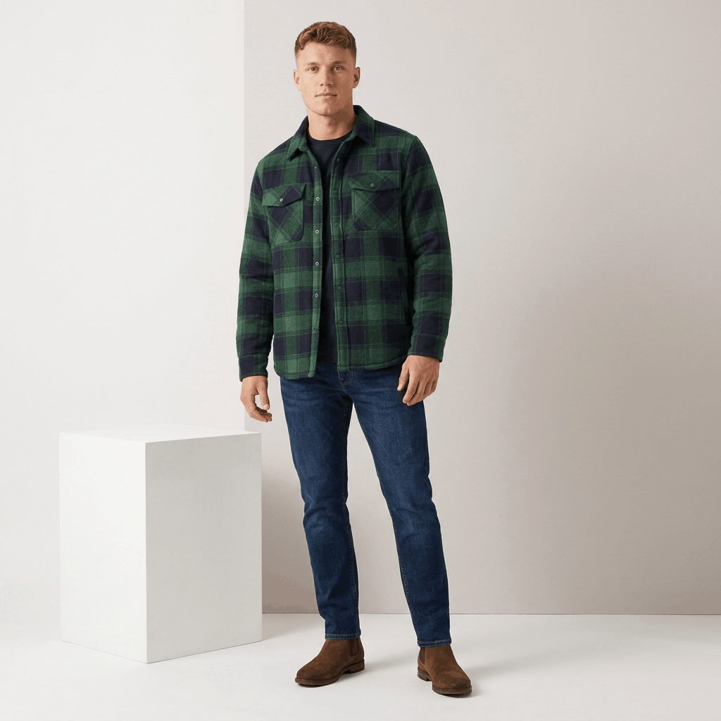 Man wearing a green and black plaid quilted jacket with a button-front closure, chest pockets, and long sleeves, paired with dark trousers and brown shoes.