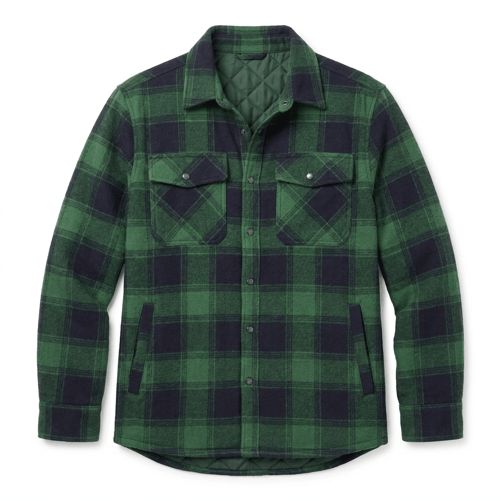 Green and black plaid overshirt jacket displayed flat, featuring a pointed collar, button-front closure, chest pockets, and long sleeves.